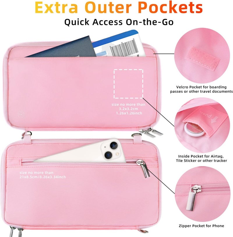 WALNEW RFID Family Passport Holder Wallet with Tracker/AirTag Holder, Travel Document Organizer Zipper Pouch with Wristlet and Cross Body Straps for Women Men - Image 4